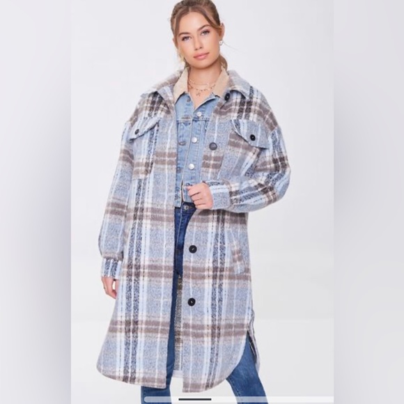 Forever 21 Plaid Blue Longline Flannel Jacket Size Large - Picture 7 of 7
